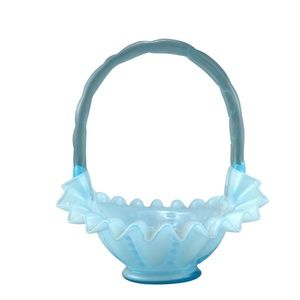 Fenton Art Glass Blue Overlay Melon Pattern 10 1/4" Ruffle Edge Basket 1949-50